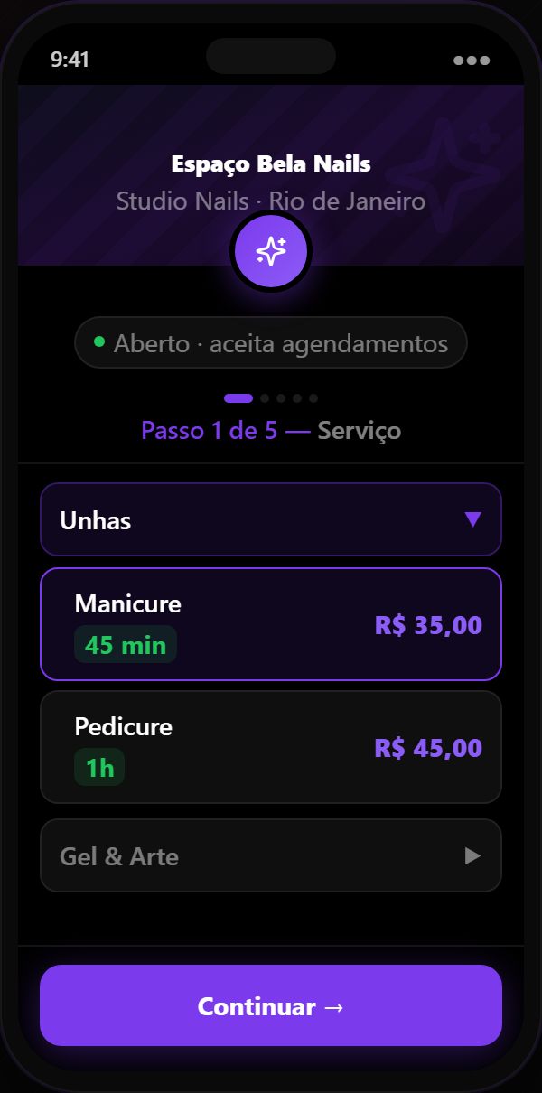 Agenda online para manicure grátis — página de agendamento do TopAgenda no celular com serviços de manicure, pedicure e nail art