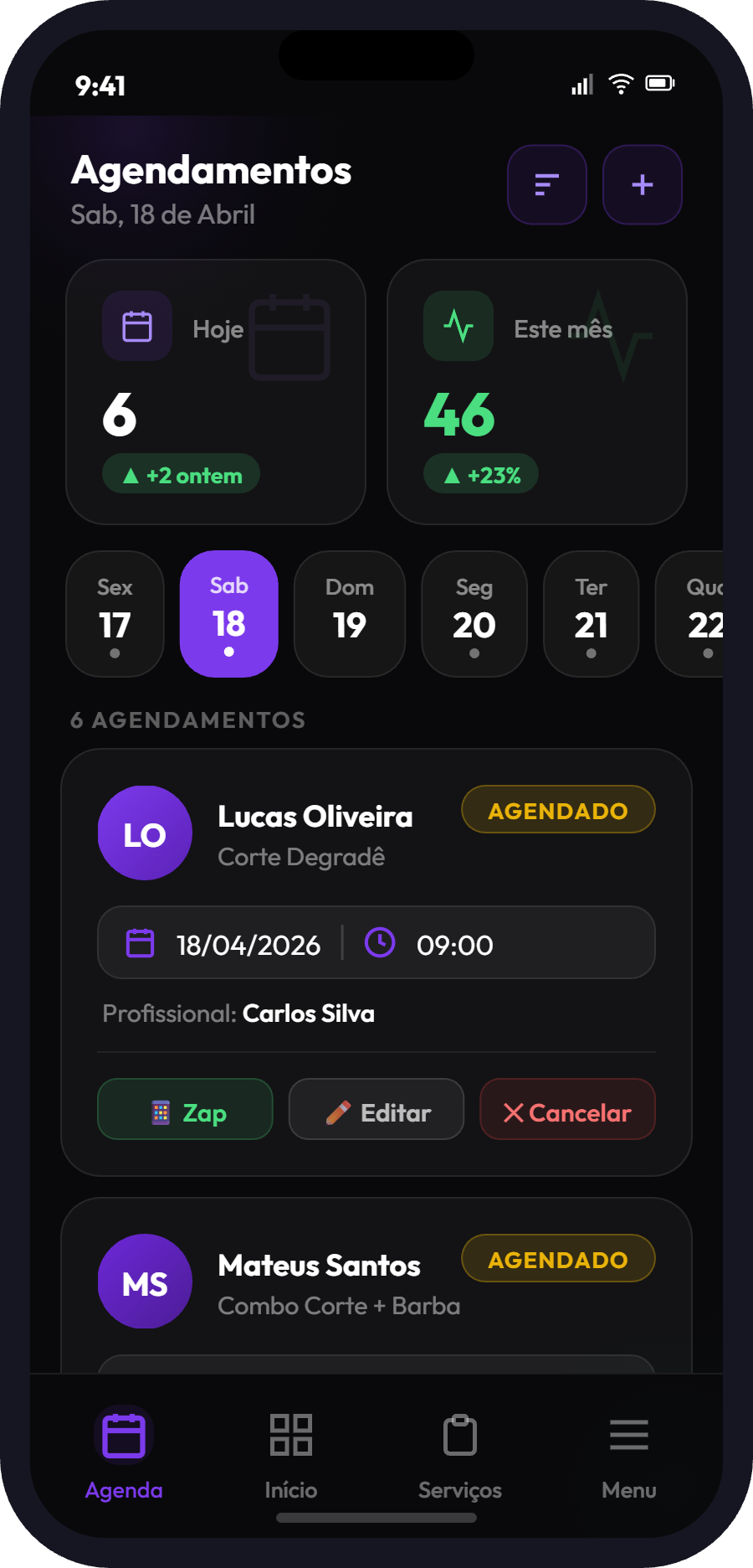 Tela de agendamentos do app TopAgenda para Android